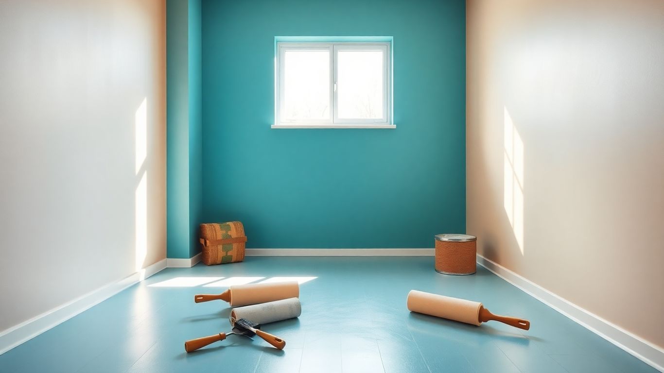 Freshly painted interior room with painting tools.