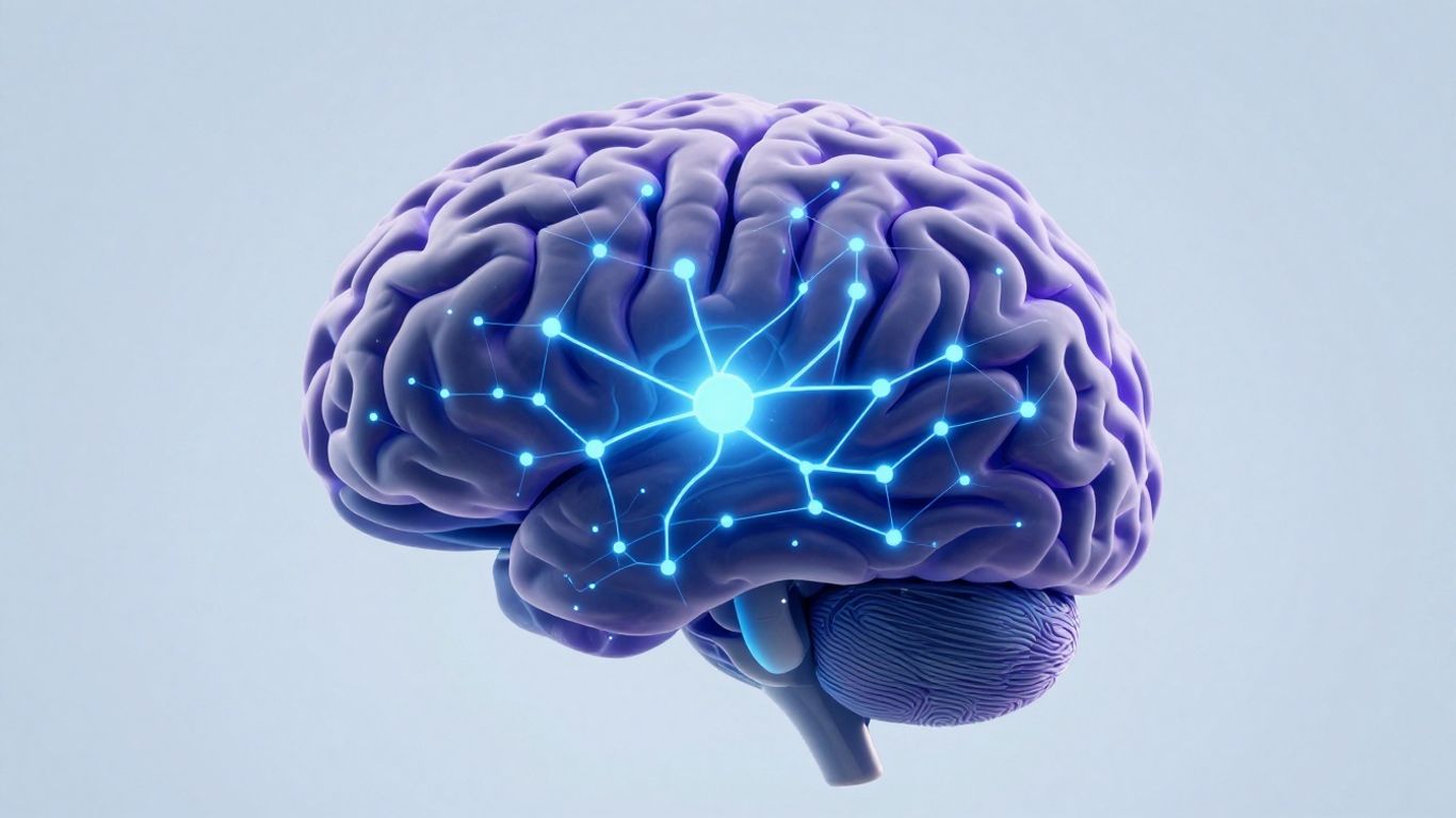 Futuristic glowing digital brain with neural network connections.