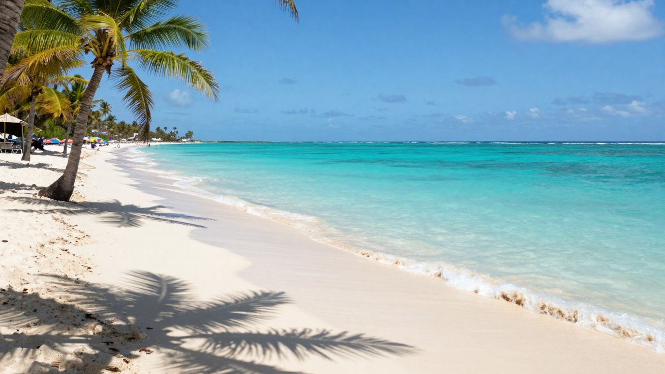 Tropical beach in Barbados with turquoise water and palm trees.
