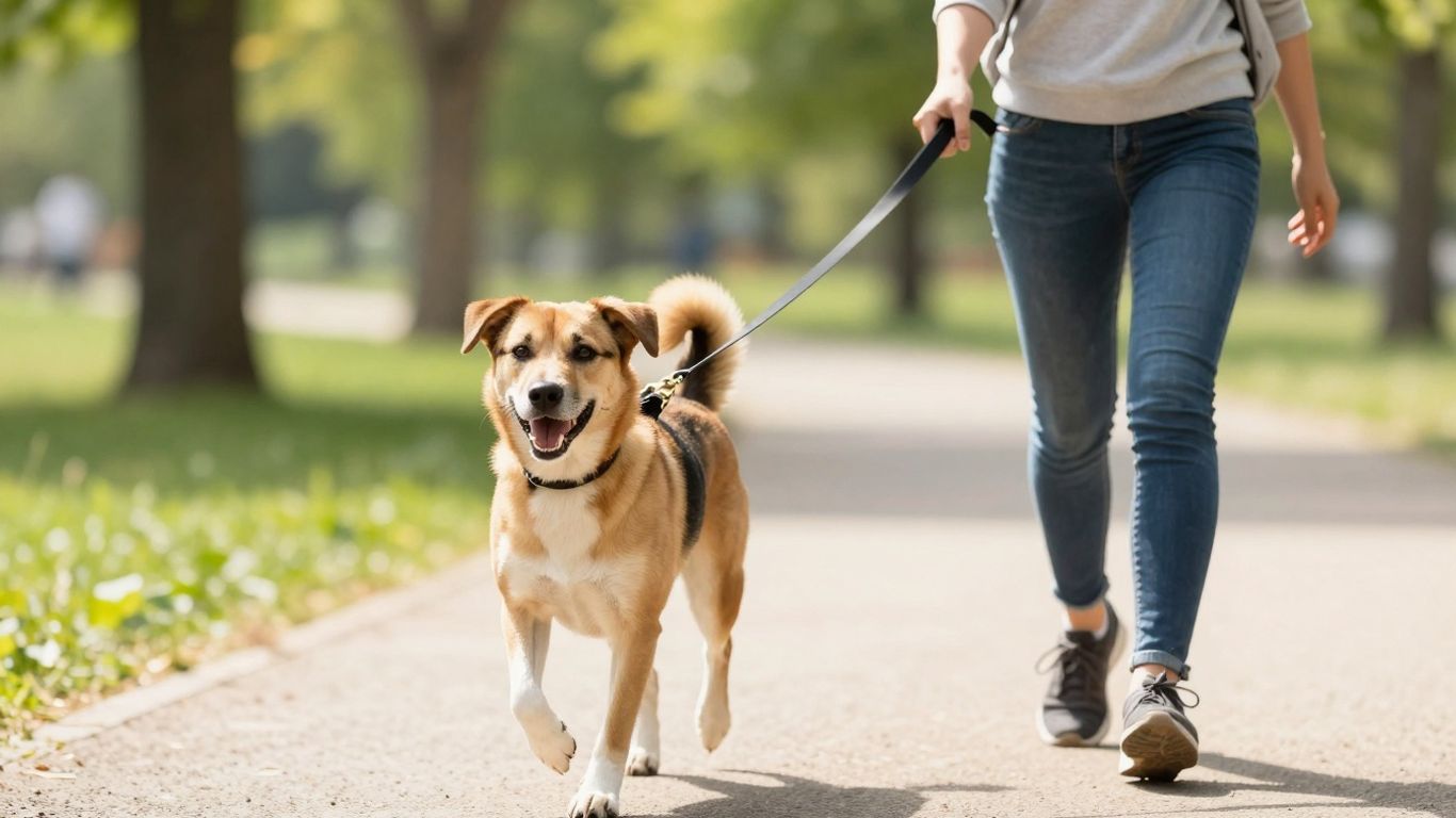 Dog and owner walking together on a sunny day.