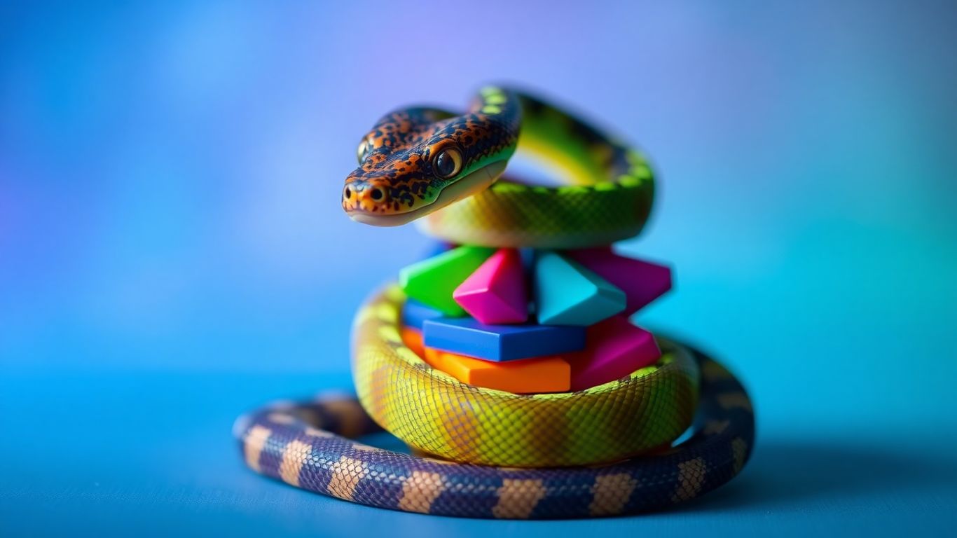Python snake coiled around colorful abstract shapes.