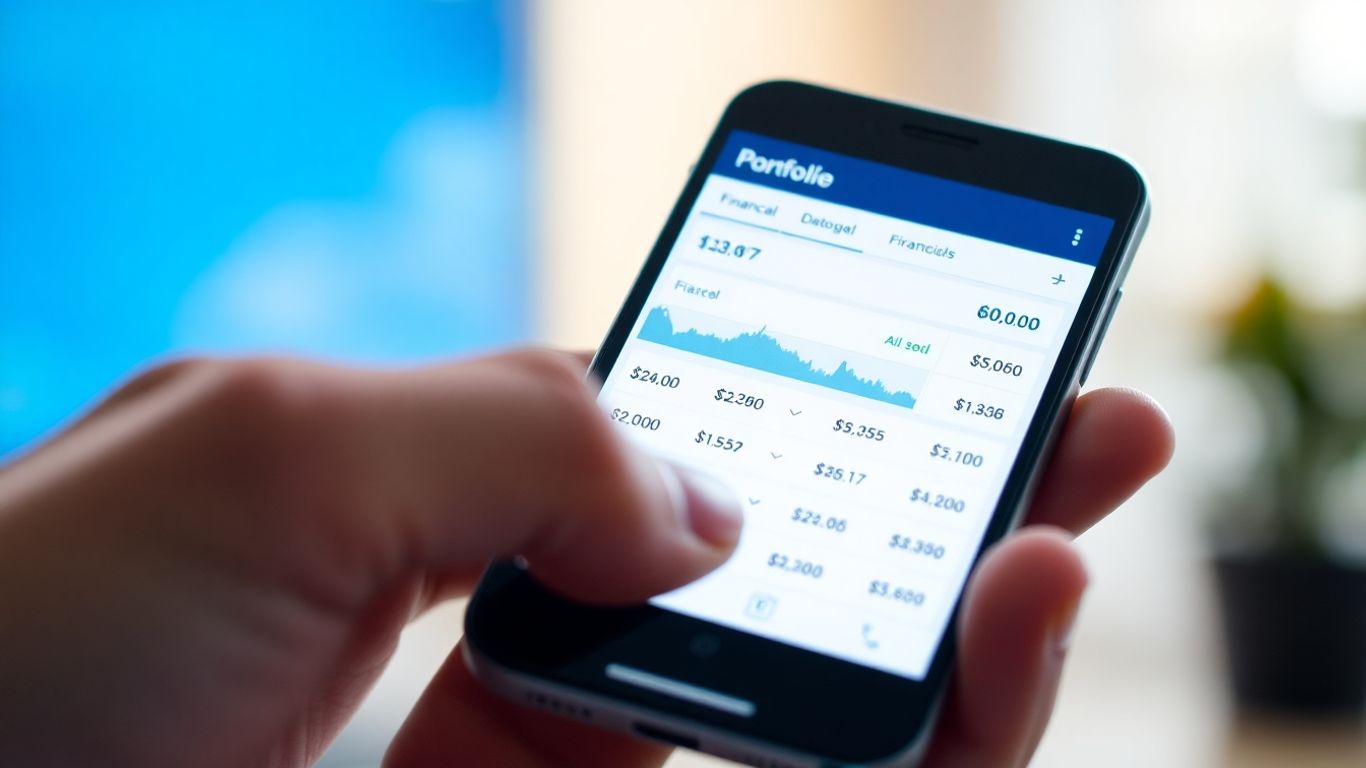 Hand holding smartphone with financial portfolio on screen.
