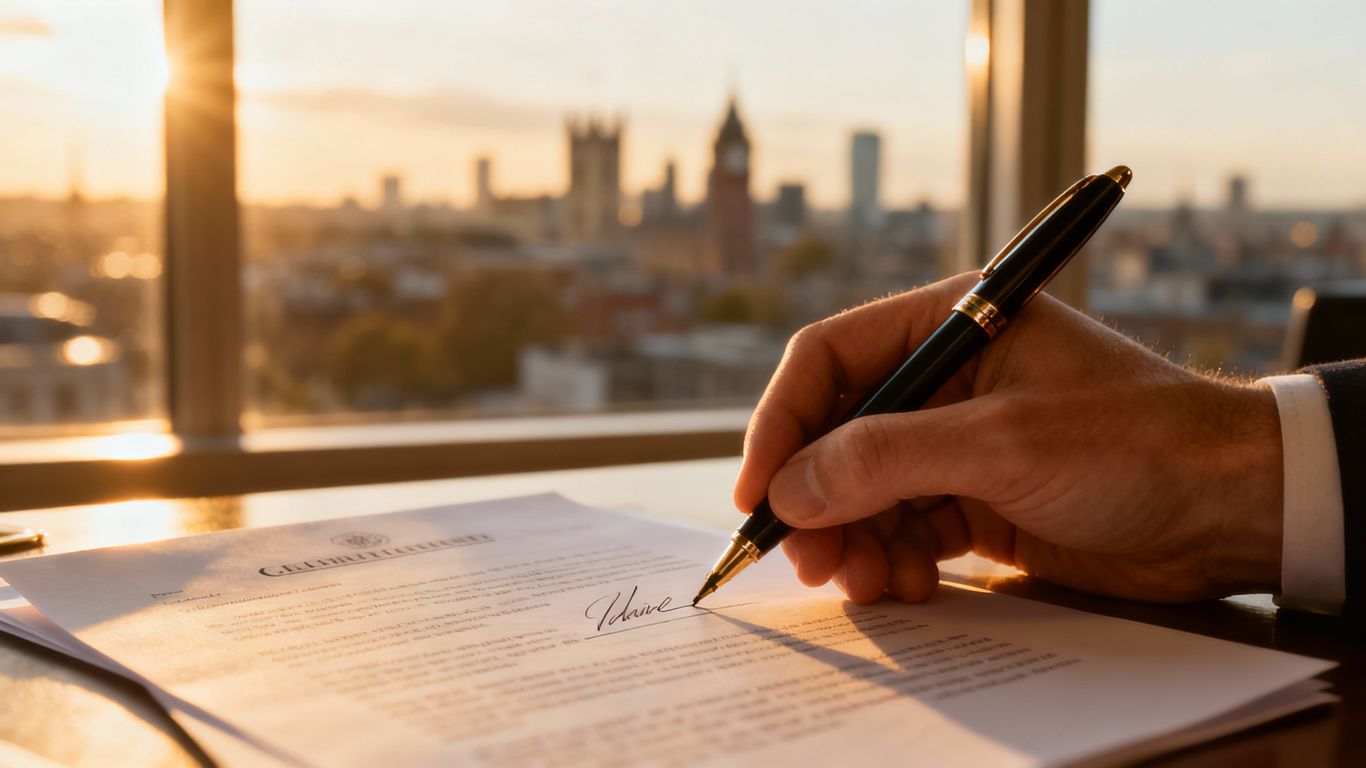 Hand signing a will document in the UK.