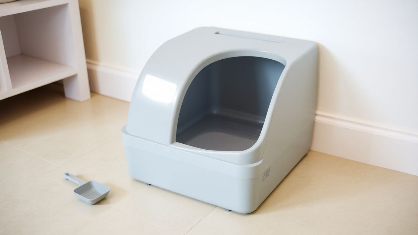 Grey corner cat litter box with scoop