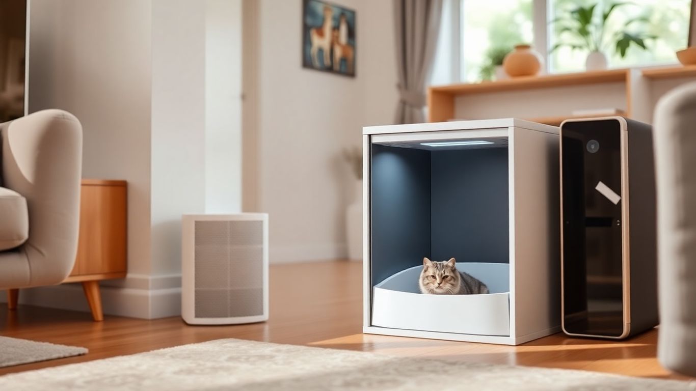 Cat litter box enclosure with air purifier in a clean living room.