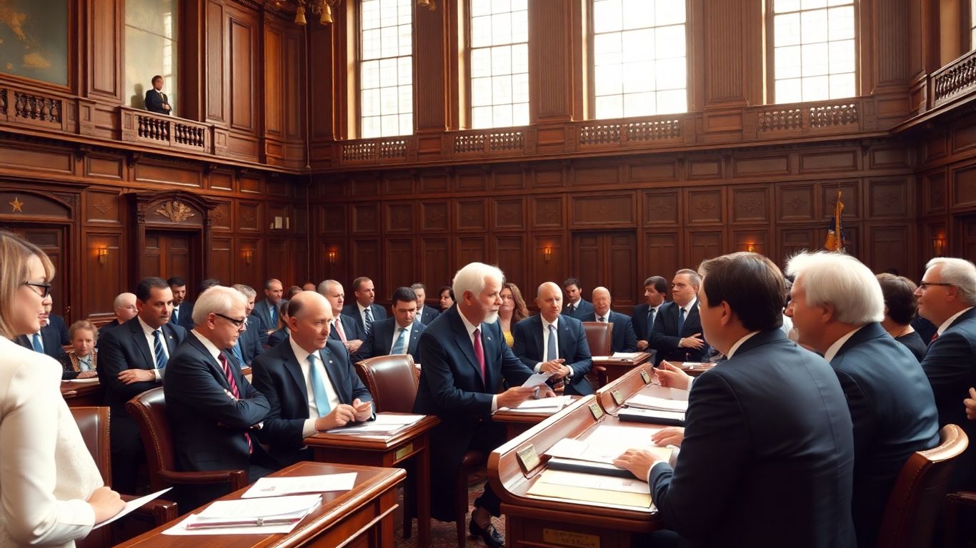 Deputați discutând în parlament, atmosferă serioasă și formală.
