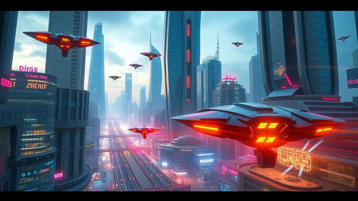 Futuristic cityscape with flying vehicles.