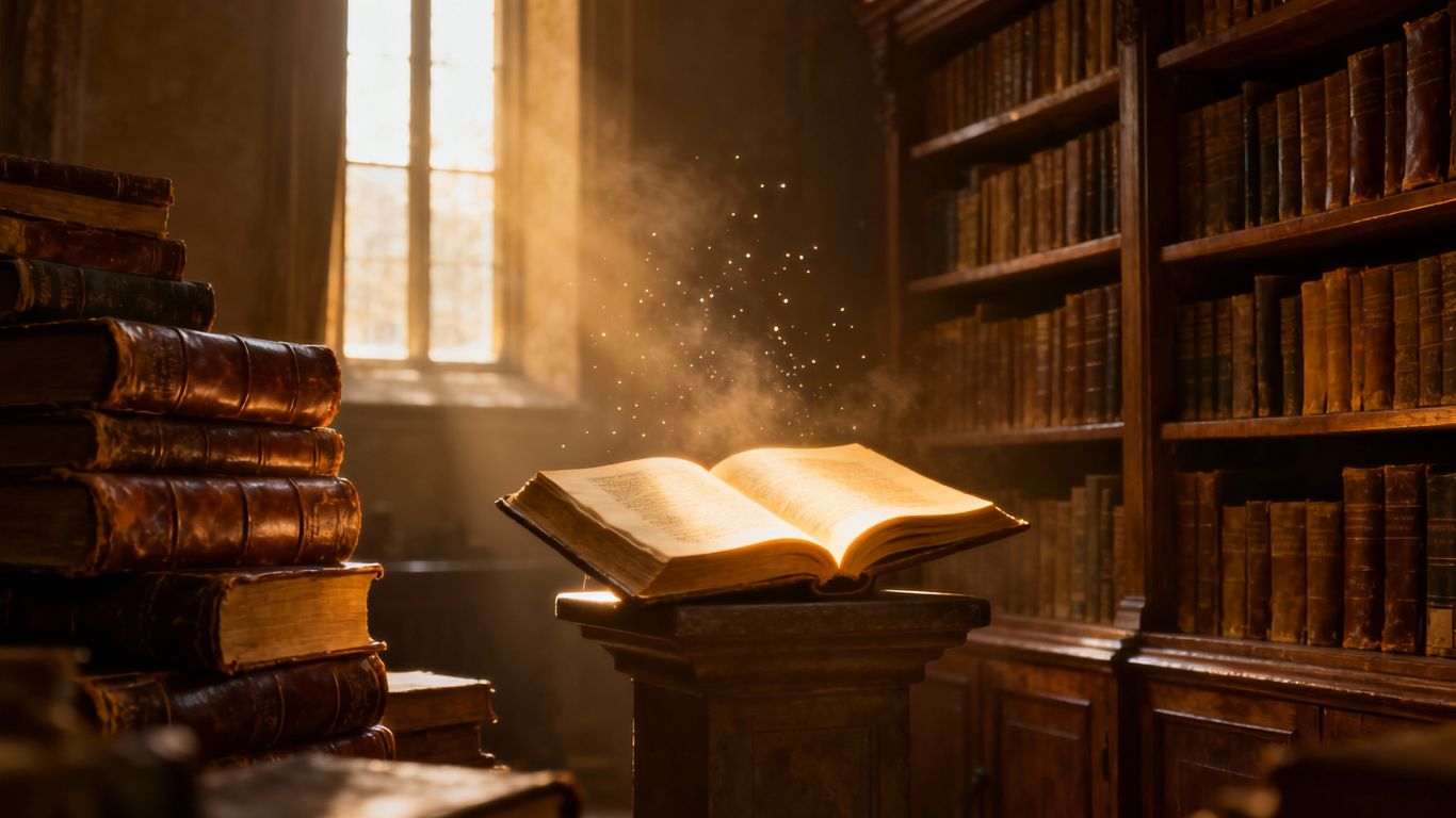 Ancient books in a sunlit library, a journey through wisdom.