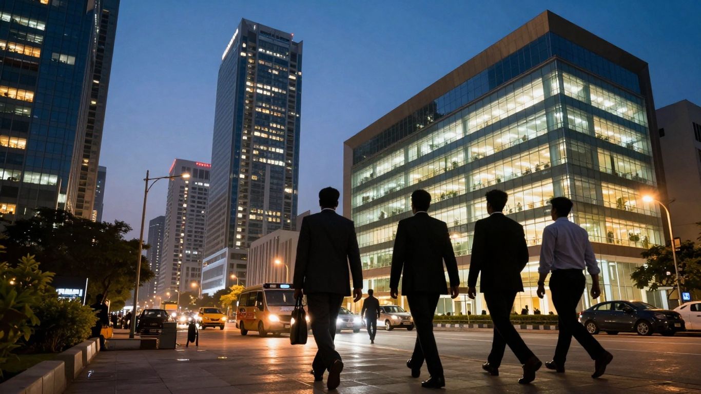 Indian cityscape with professionals heading to work.