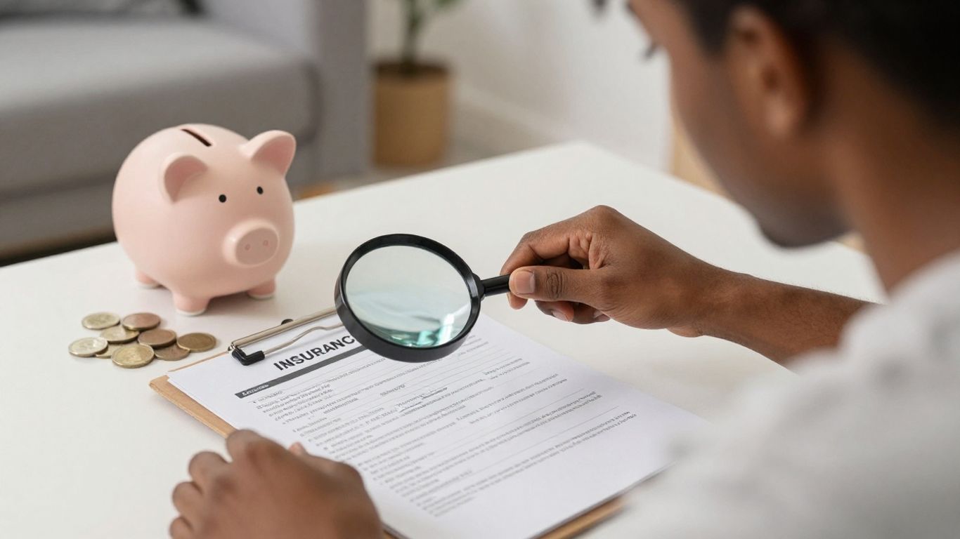 Person reviewing insurance policy with piggy bank for savings.