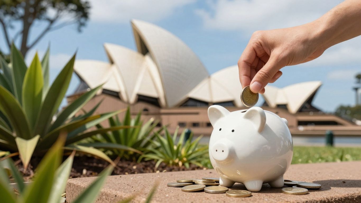 Australian saving money with piggy bank and Sydney Opera House.