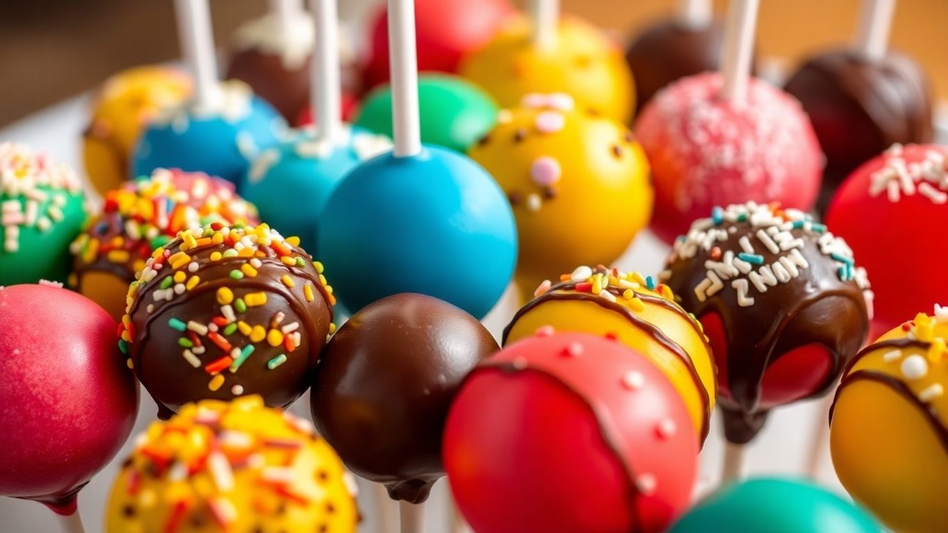 Bunte Cake Pops mit Schokoladenüberzug und Streuseln.