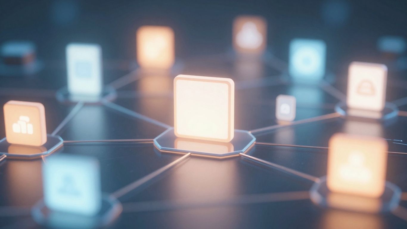 Blockchain and advertising icons merging in a digital network.