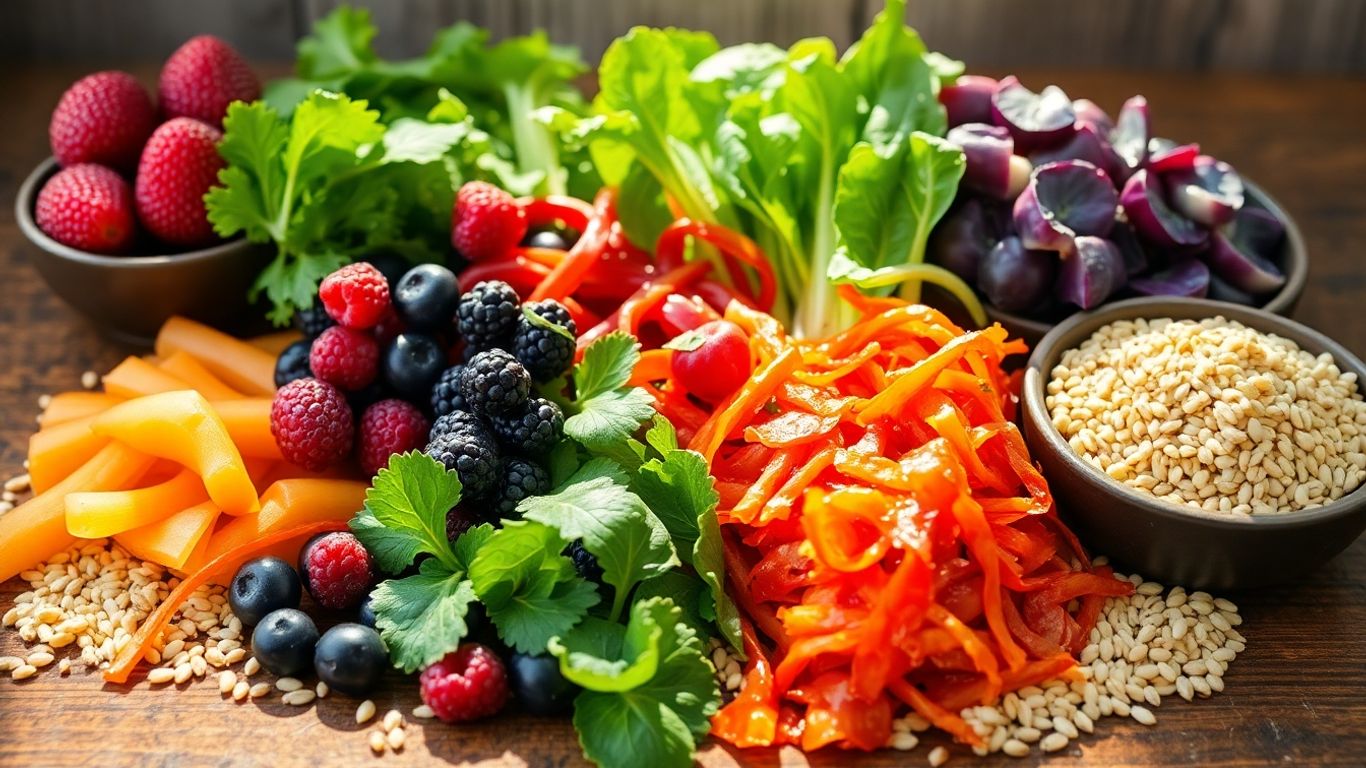 Colorful gut-friendly foods on a wooden surface.