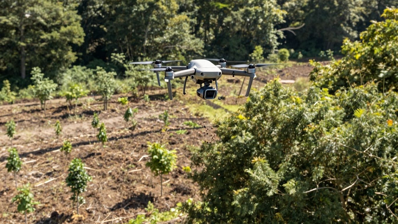 Drone plantând copaci pentru refacerea ecosistemelor forestiere.