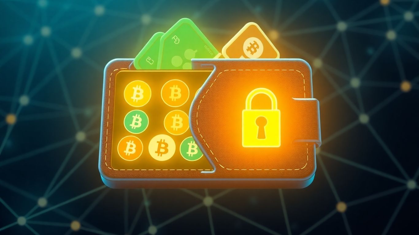 Digital wallet with crypto icons and a lock.