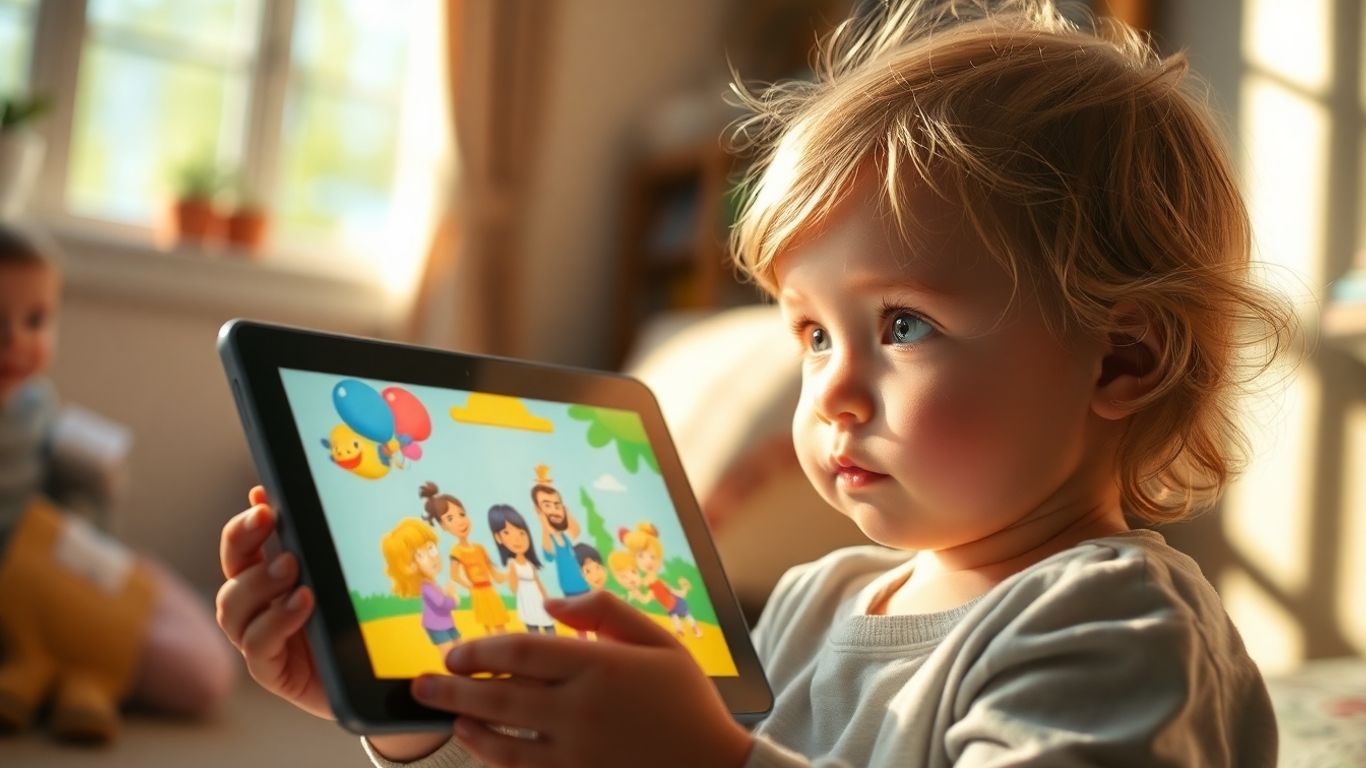 Copil captivat de poveste pe tabletă.