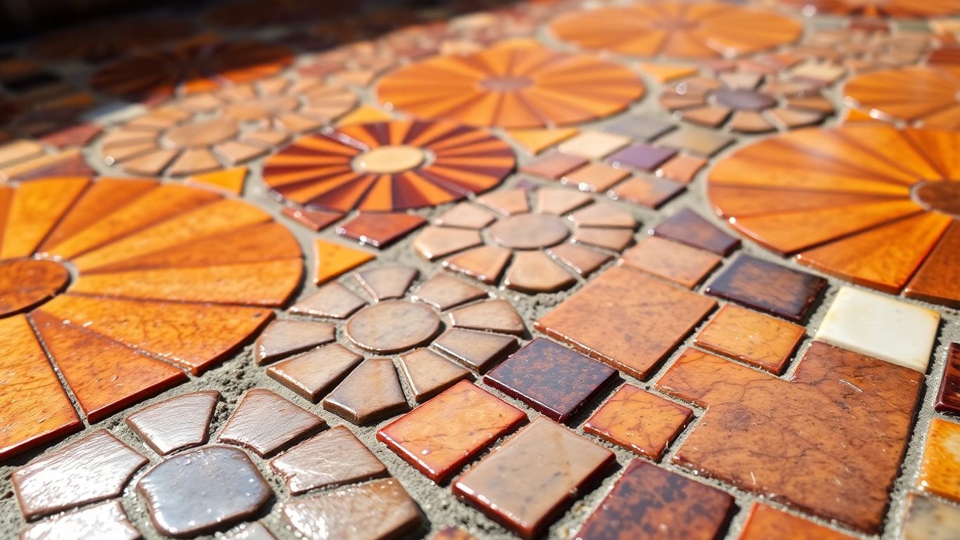 Intricate mosaic with geometric patterns and earthy colors.