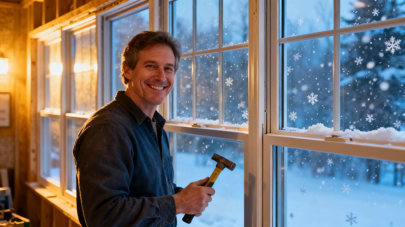 Newly installed winter windows with snow outside.