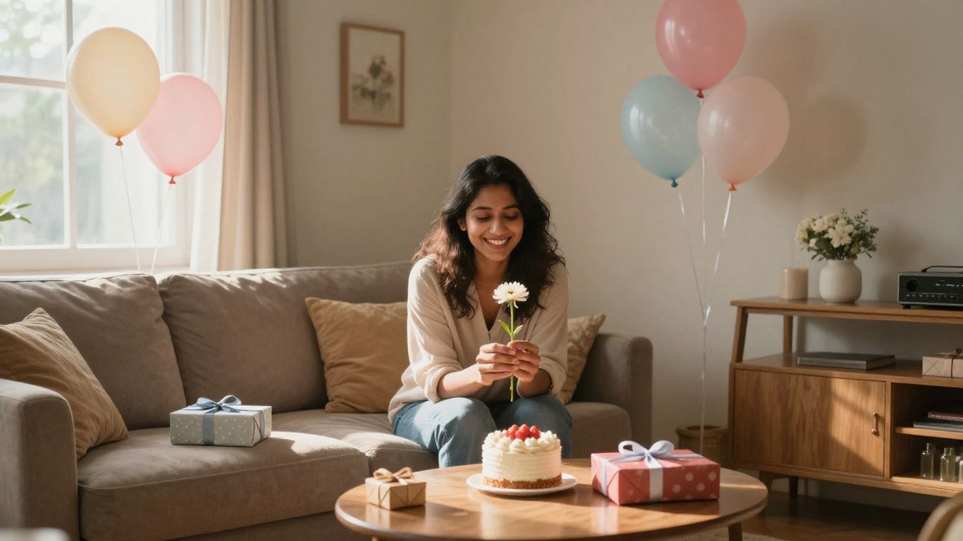 Joyful, low-pressure birthday party scene with decorations and cake.