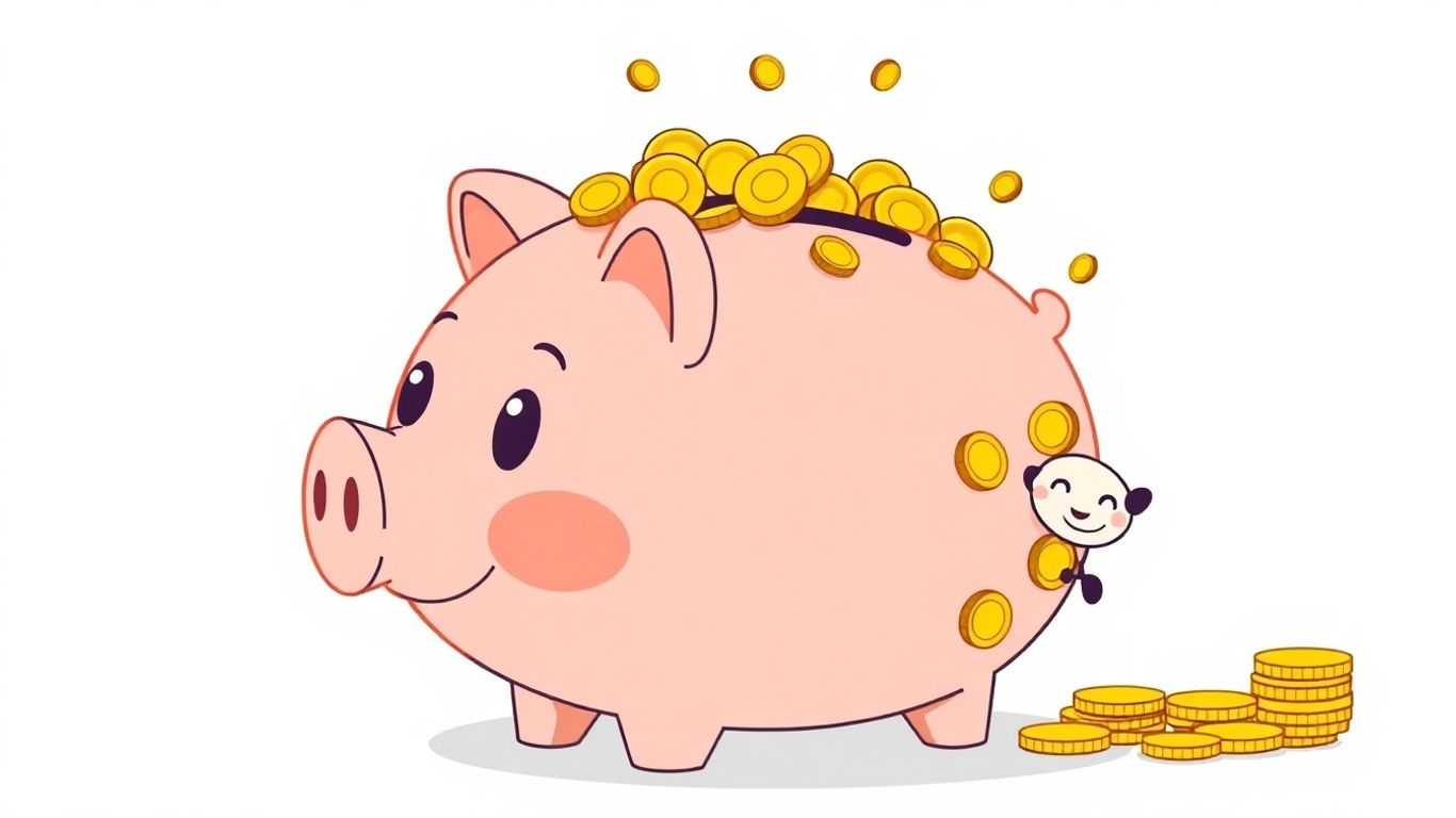 Cartoon piggy bank with coins and an emergency cushion.