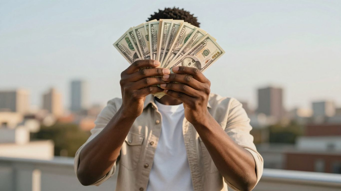 Person holding stack of money, golden light, cityscape background.