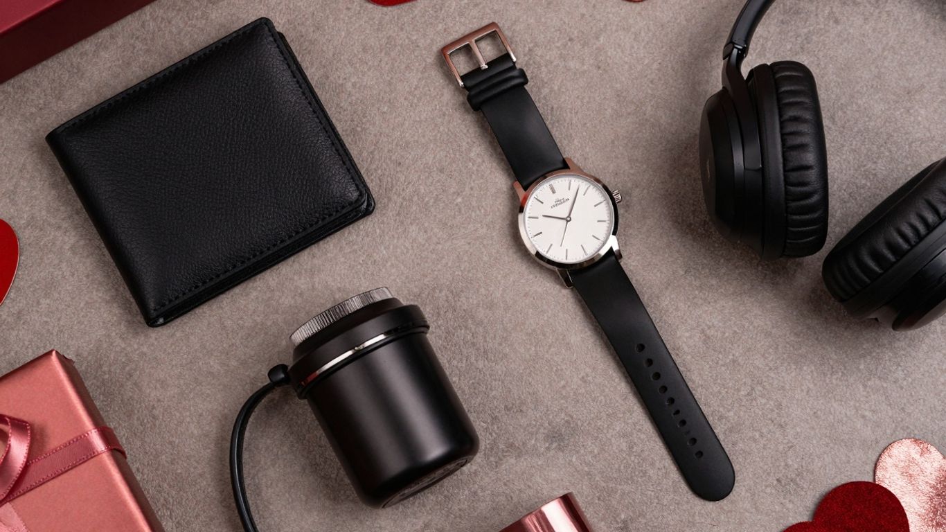 Valentine's Day gifts for guy friends: wallet, watch, grooming kit.