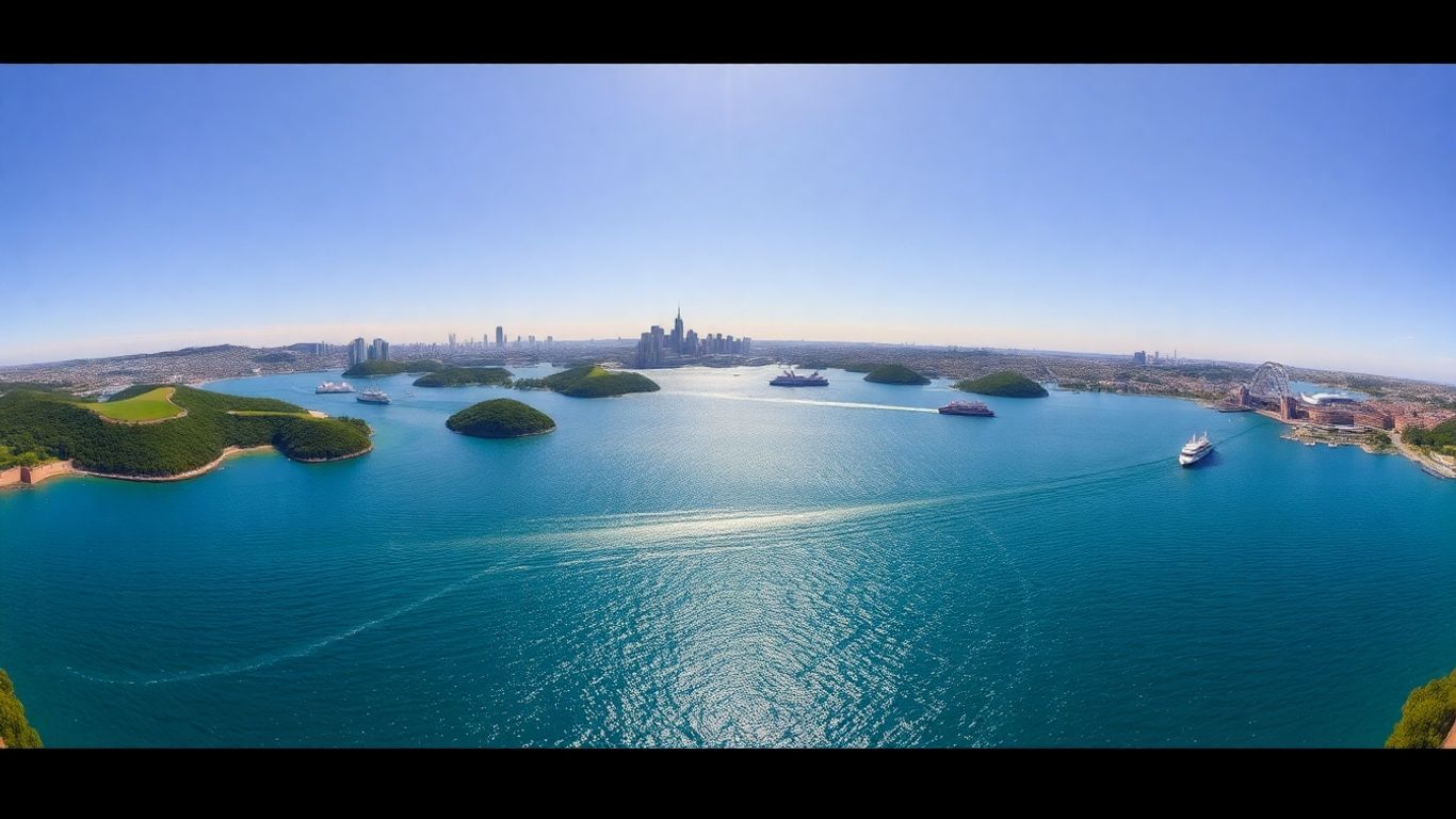 Sydney Harbour vista with Georges Head fortifications and city skyline.