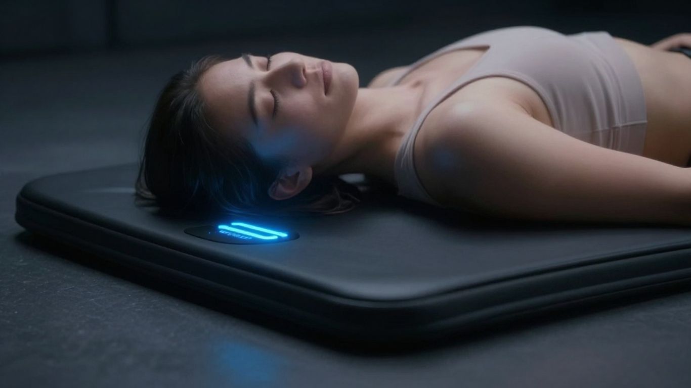 Person relaxing on Bemer PEMF mat with blue light.