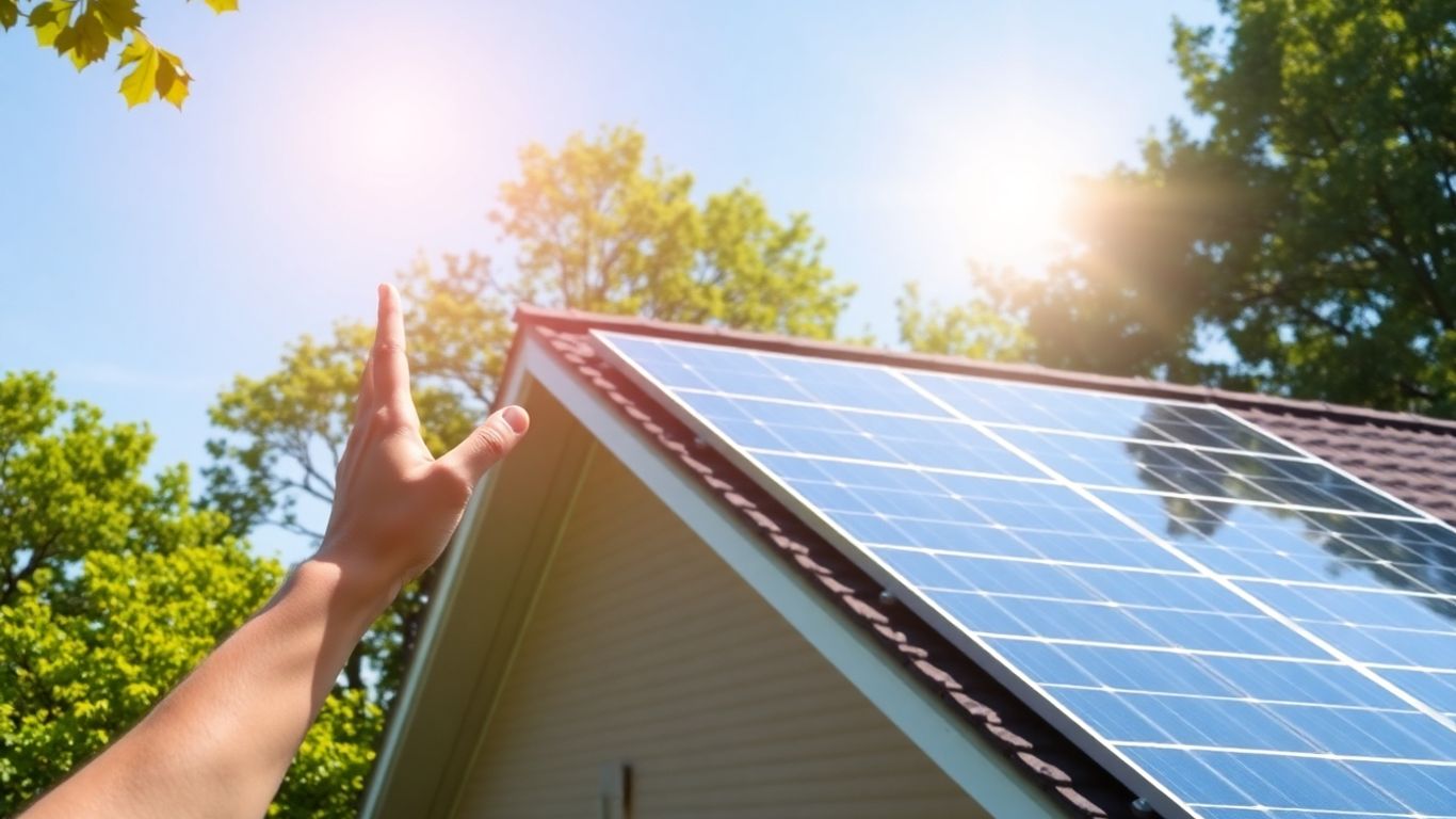 Solar panels on a roof under the sun.
