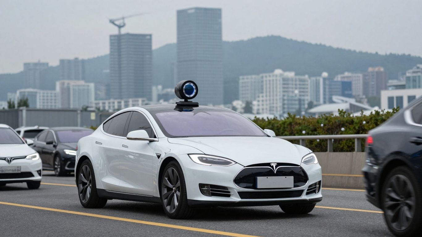 Tesla car on a South Korean street with city skyline.