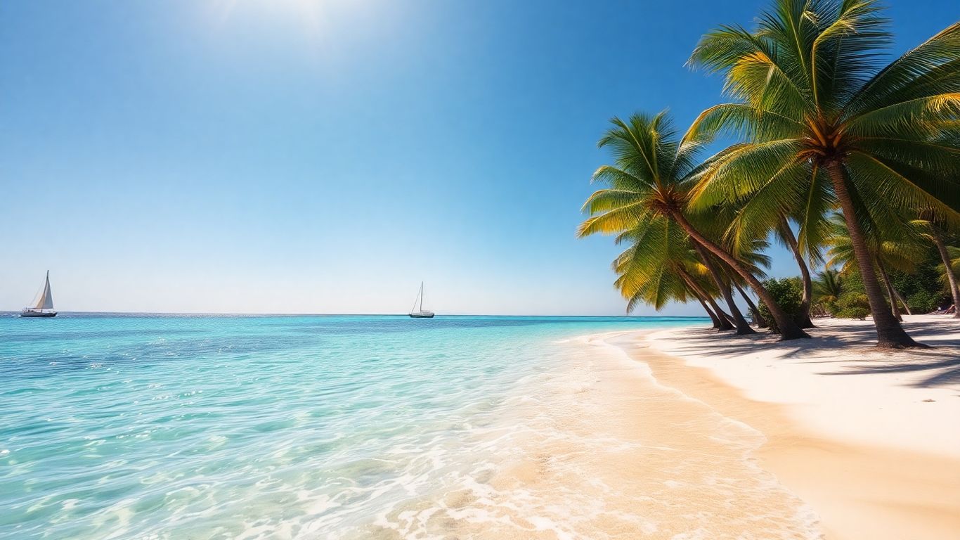 Plaża z palmami i turkusową wodą.