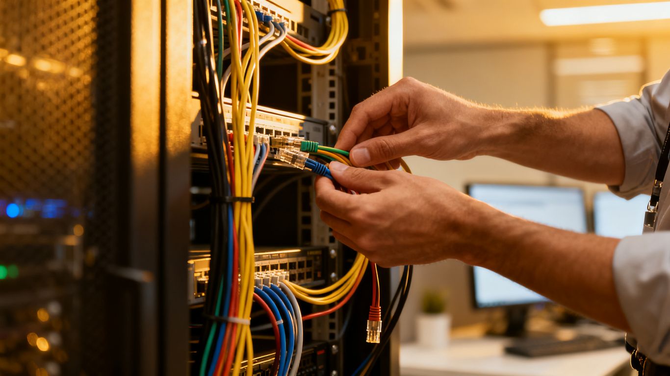 Technician installing network cables in Greer, SC.