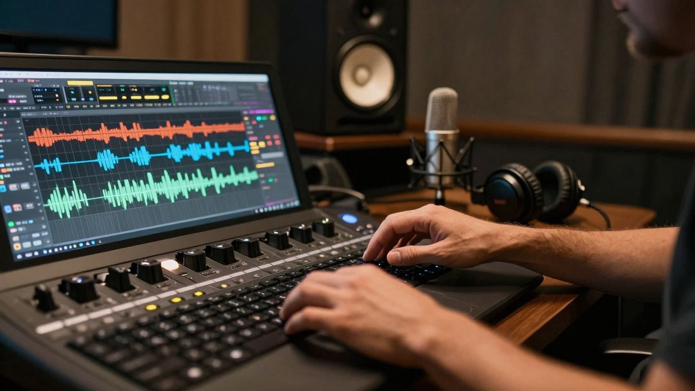 Producer working on music production software with studio equipment.