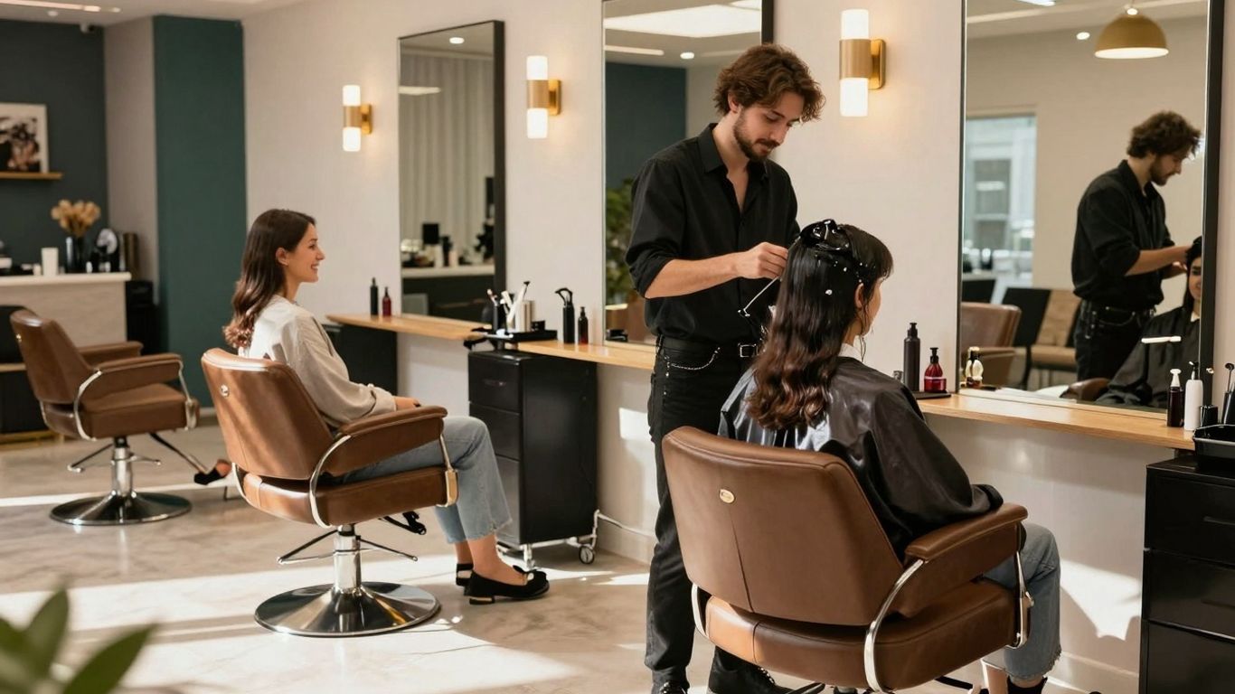 Stylish hair salon interior with happy client and stylist.
