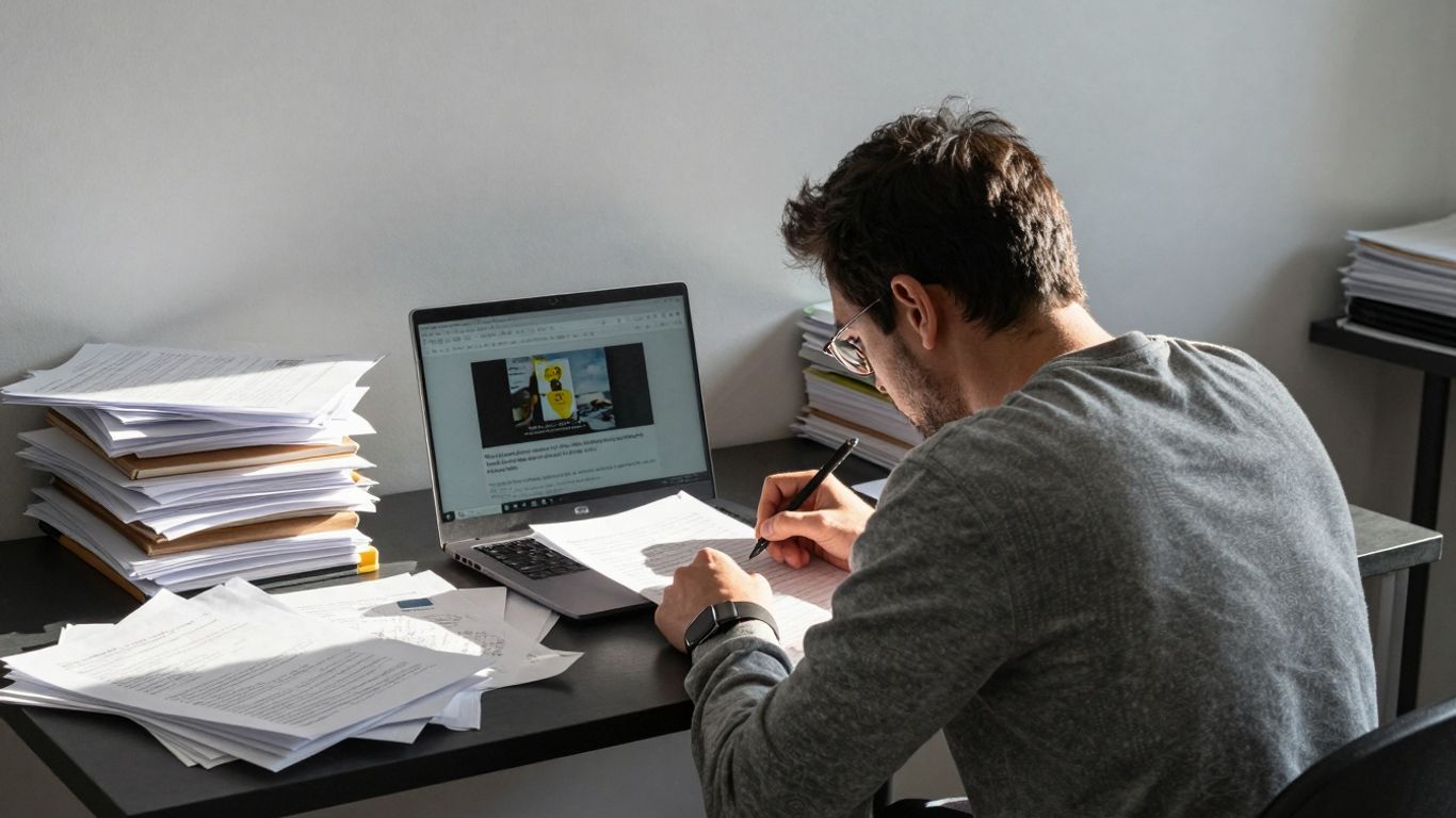 Person lernt am Schreibtisch mit Laptop und Papieren.