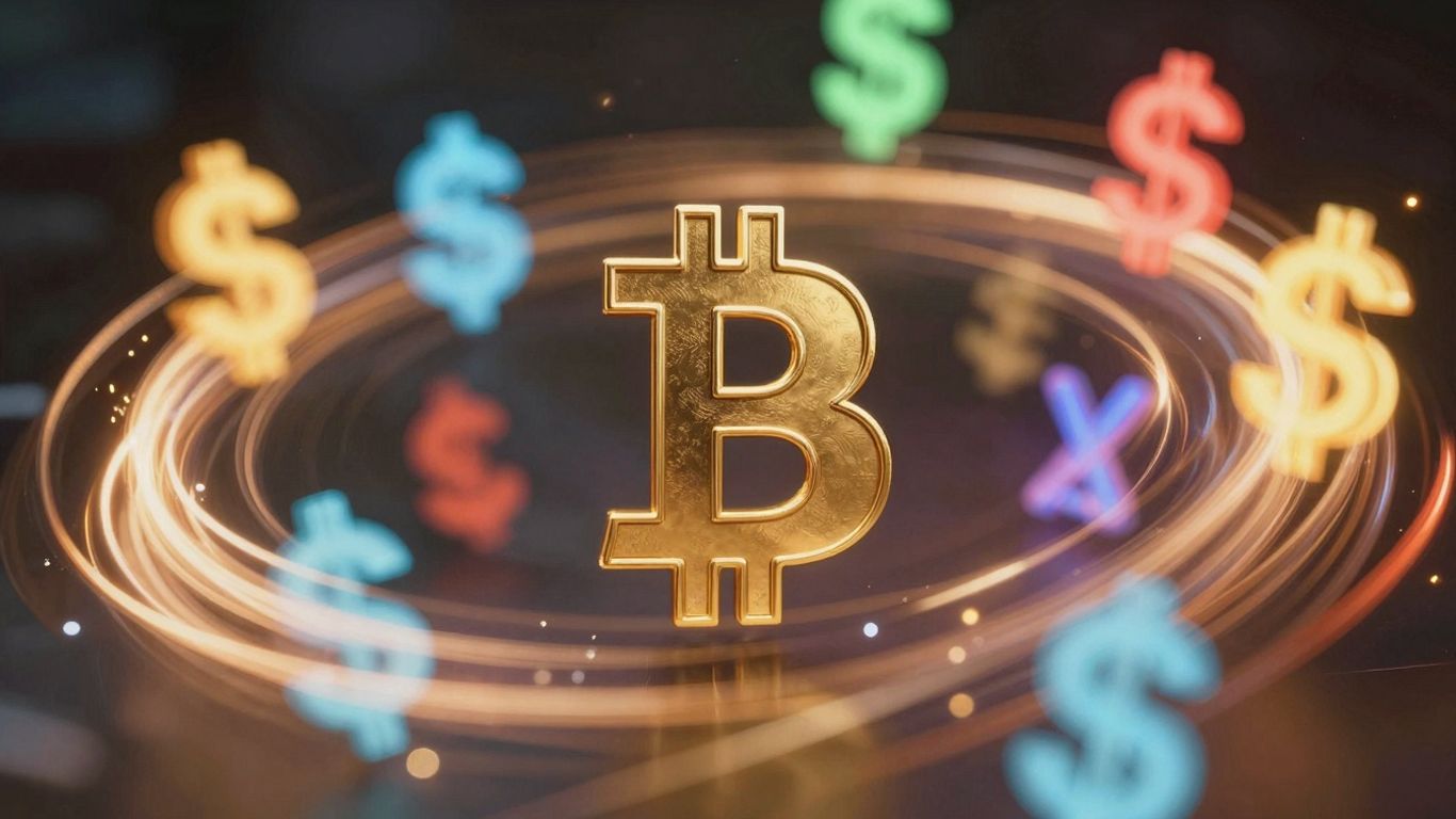 Digital currency symbols with light trails indicating volatility.