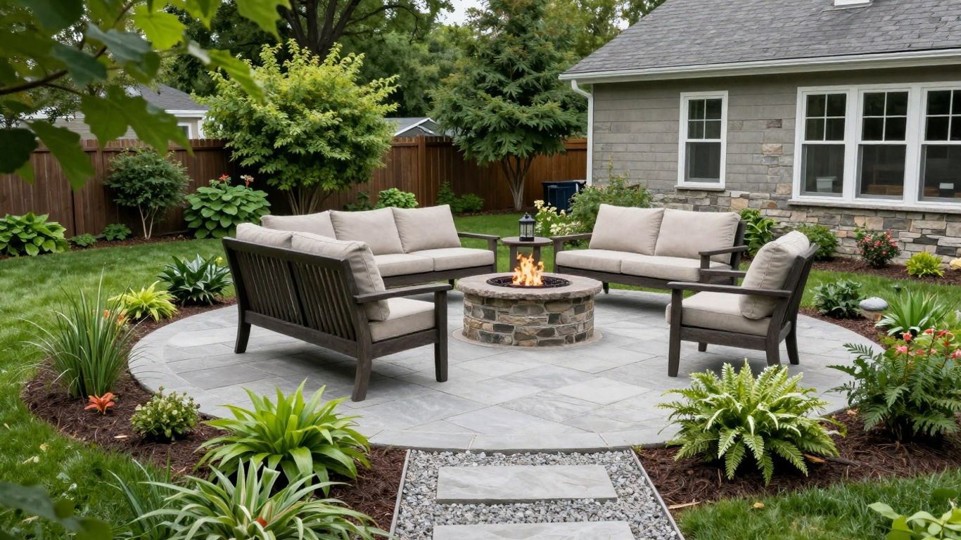 Stone patio with seating and gravel path in Rochester MN.
