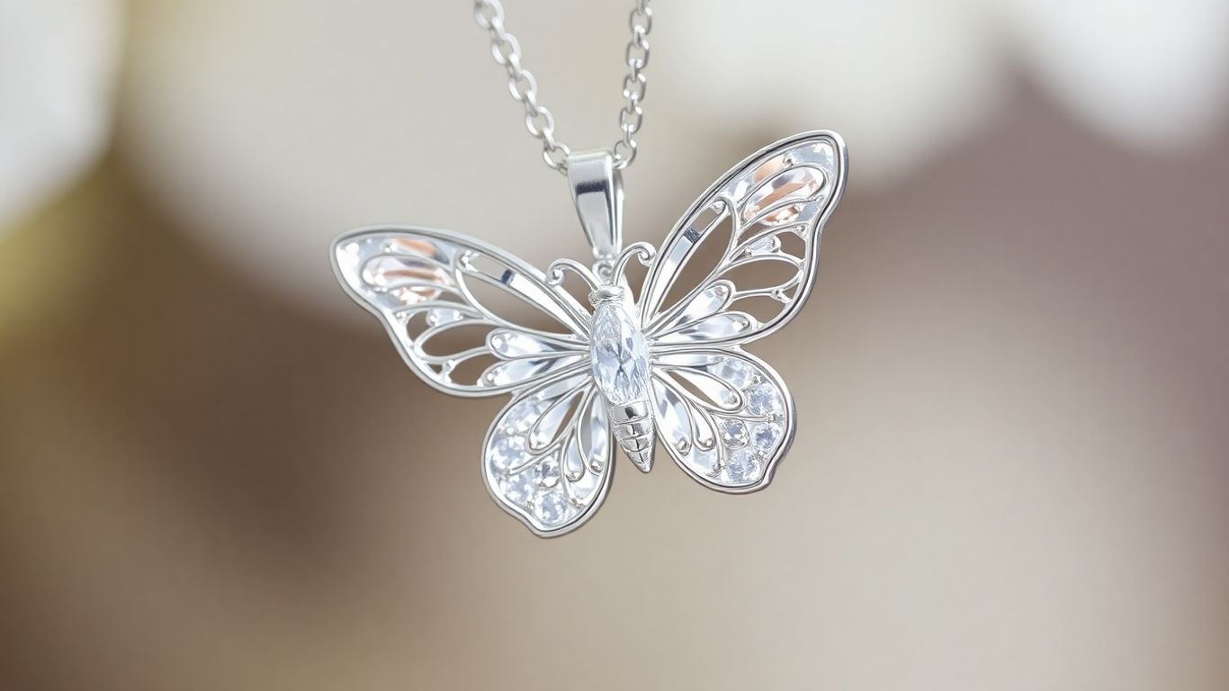 Moissanite butterfly pendant with sparkling wings.