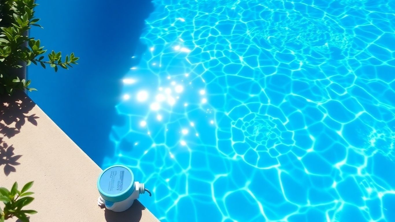 Sparkling blue pool with salt water chlorinator unit.