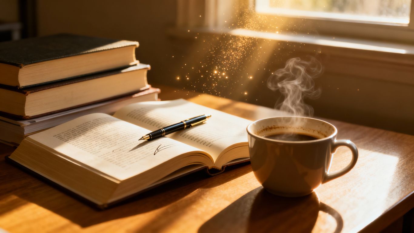 Stack of books on a desk with coffee and pen.