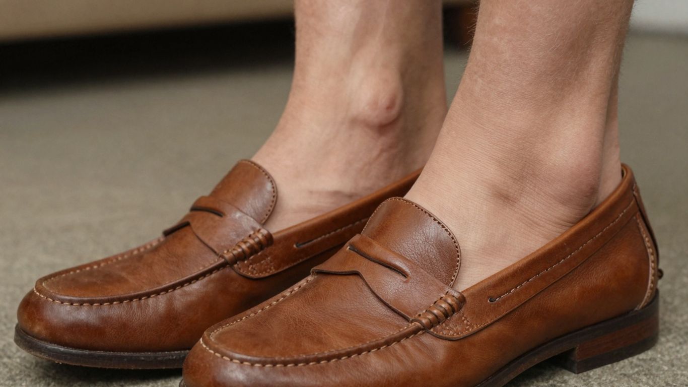 Feet wearing perfectly fitting brown penny loafers.