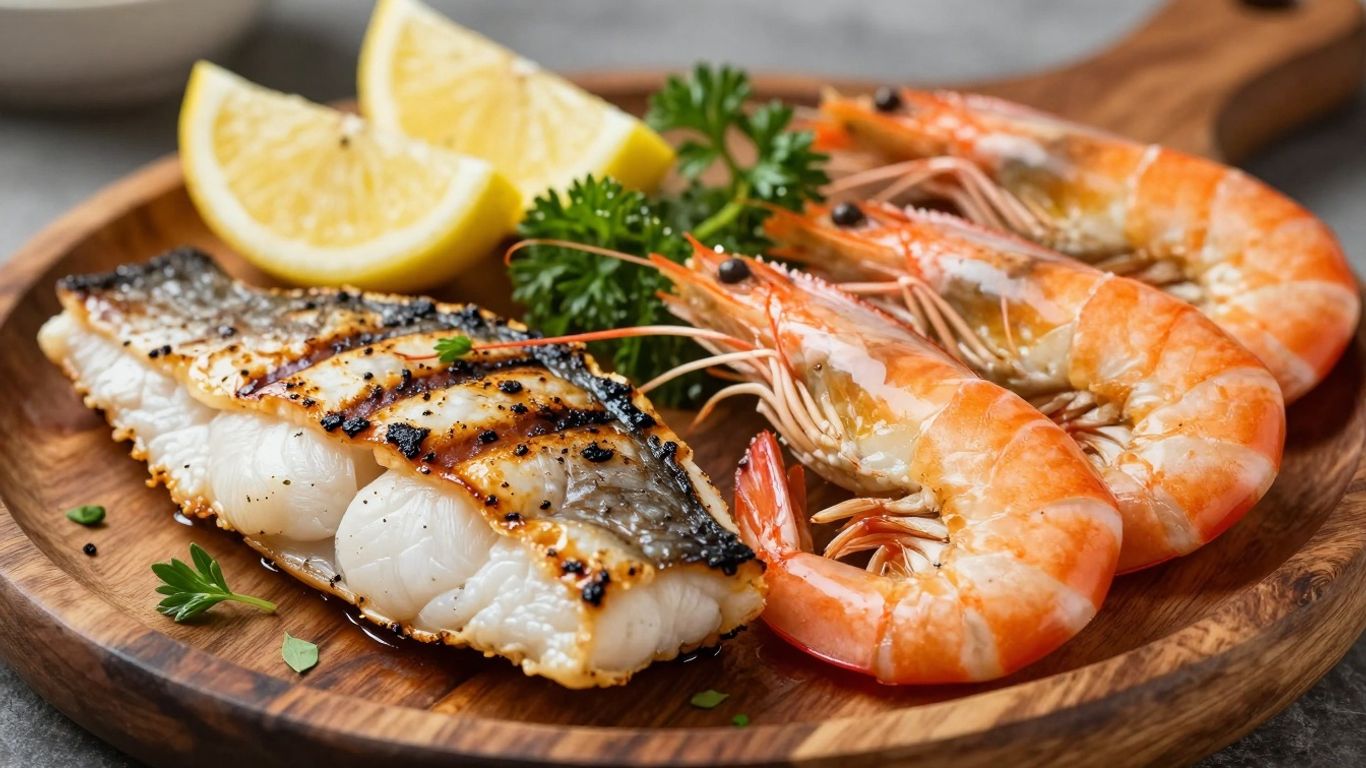 Grilled fish and shrimp with herbs and lemon on a platter.