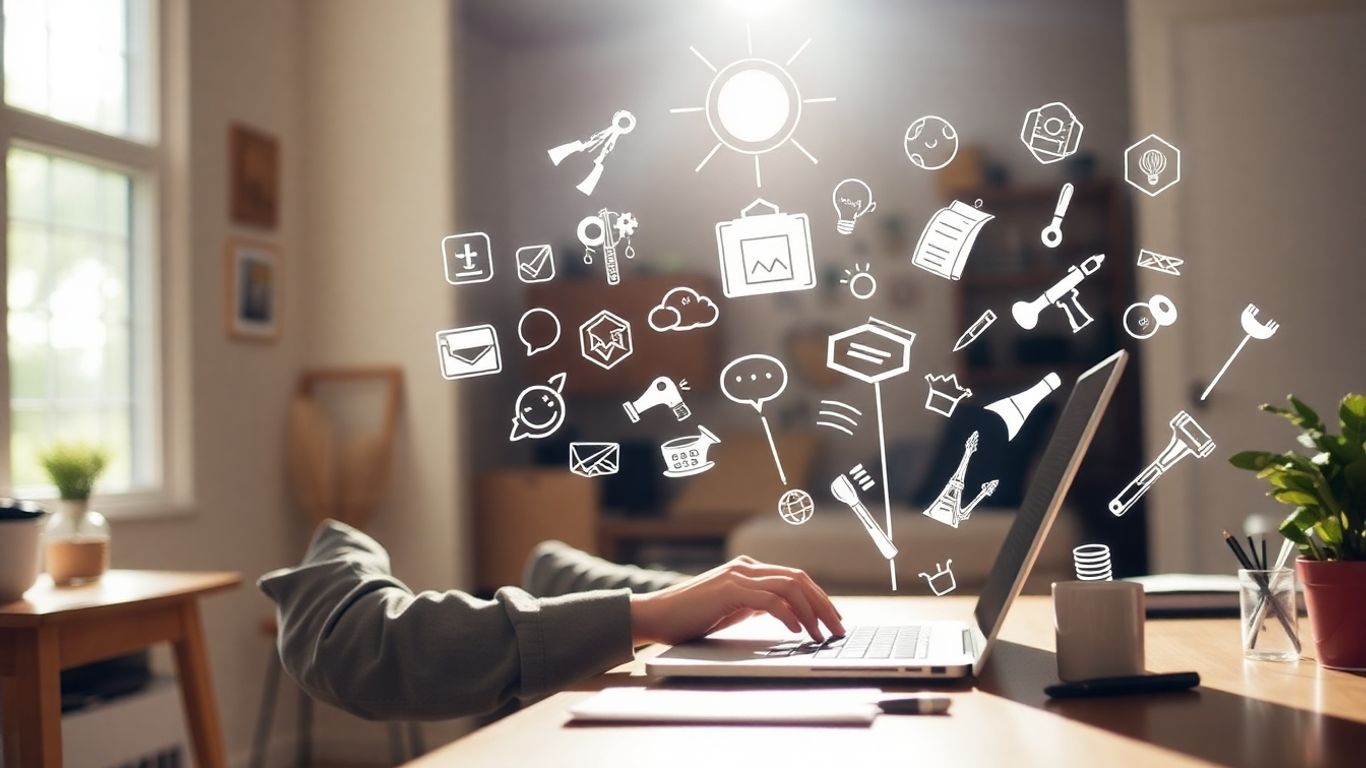 Person working on laptop, surrounded by skill symbols.