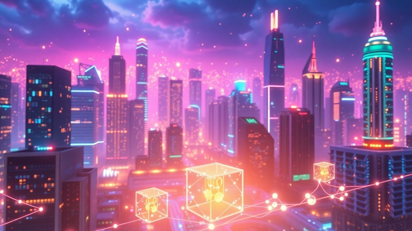 Futuristic cityscape with glowing digital network and floating blocks.