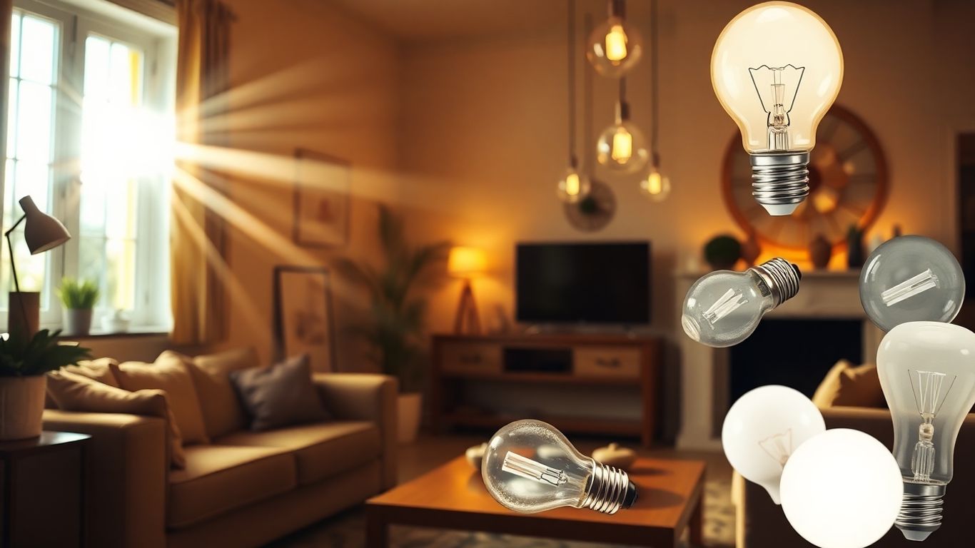 ASDA light bulbs illuminating different home areas.