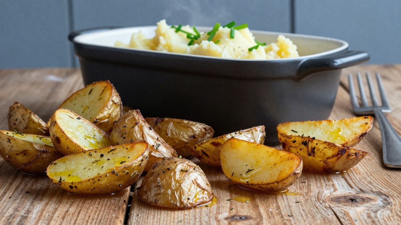 Biologische aardappelen, ovengebakken en gepureerd, op tafel.