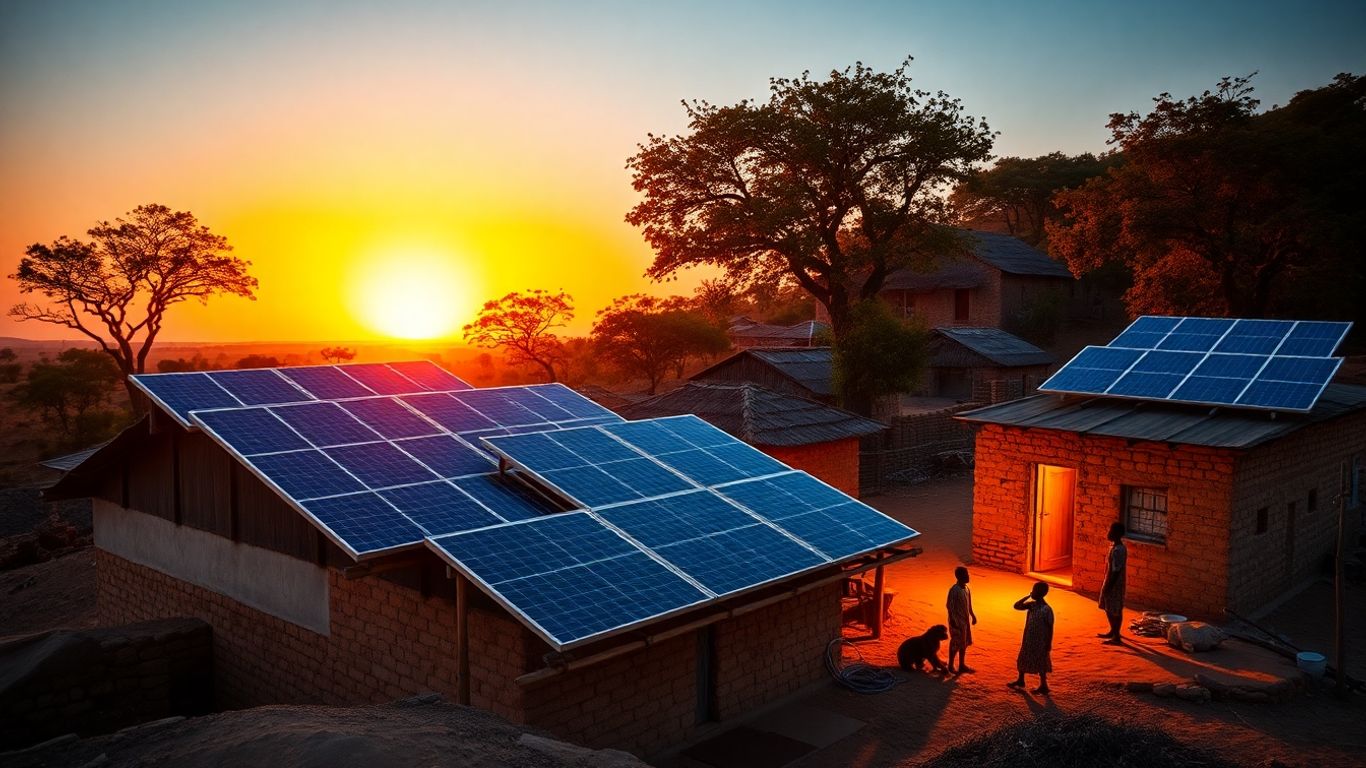 Village africain avec panneaux solaires au coucher du soleil