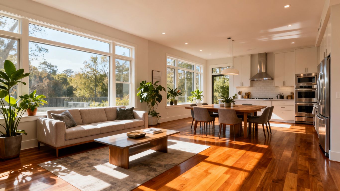 Modern open concept living room and kitchen with sunlight
