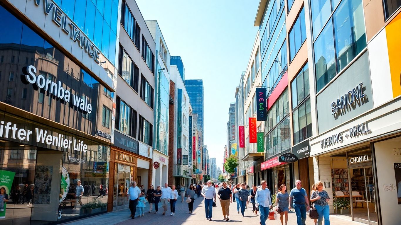 Stradă aglomerată cu magazine locale și internaționale în retail.